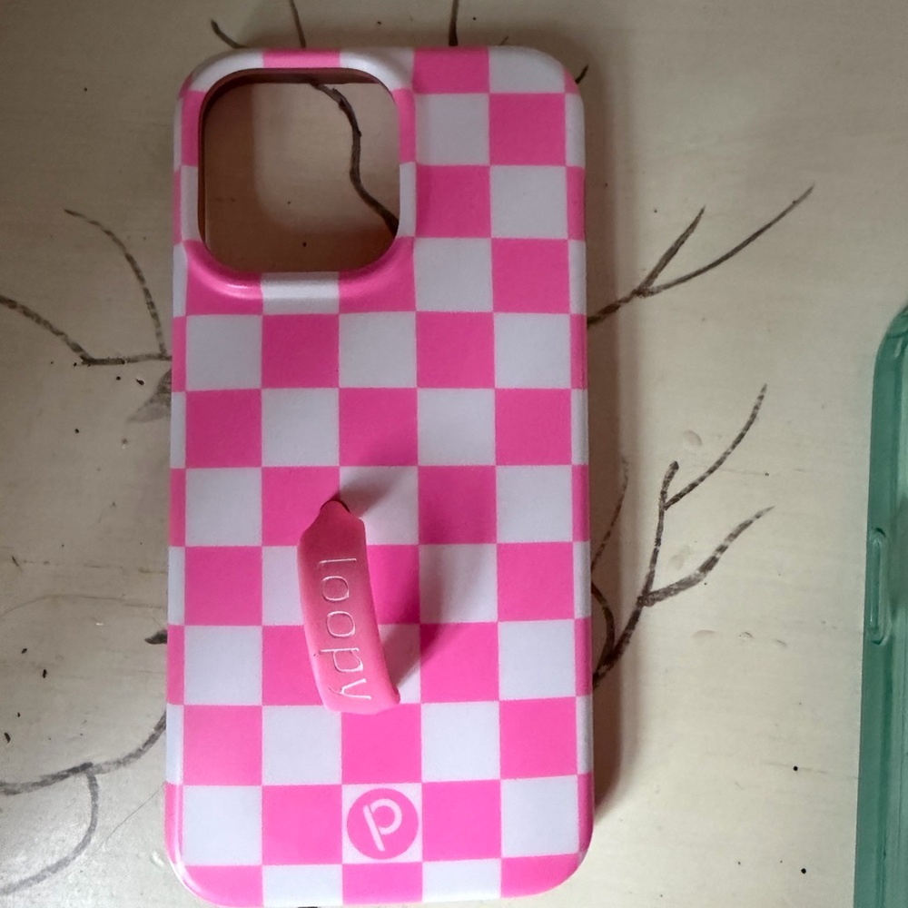 iPhone 15 Pro max Loopy Case Pink and White Checkered Phone Case